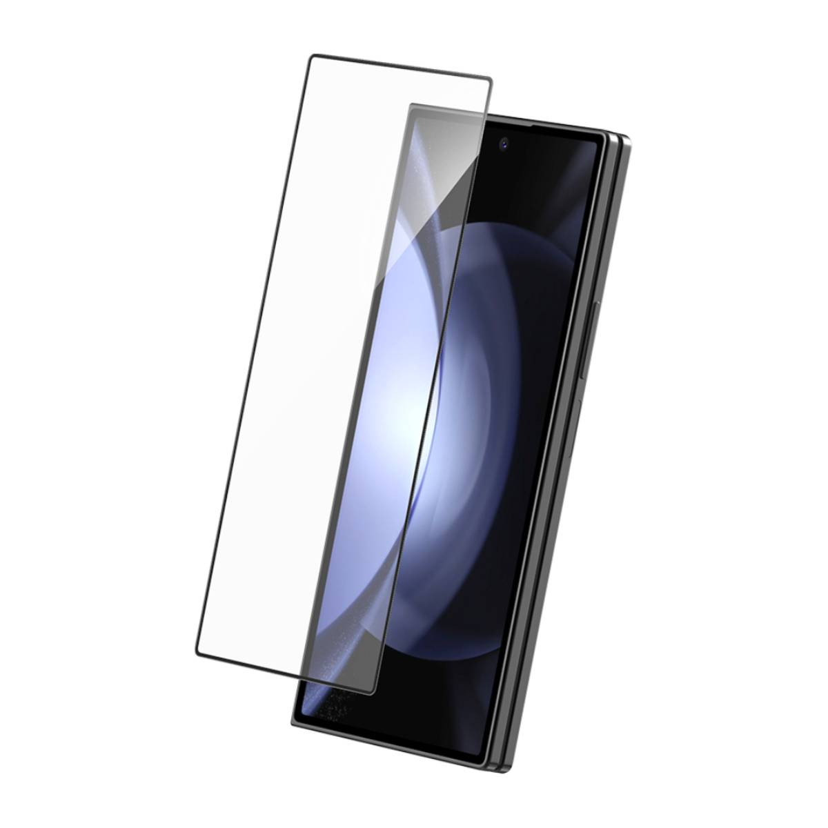 Uno smartphone con una protezione per lo schermo. Il telefono è nero, la protezione è trasparente e leggermente sollevata.
