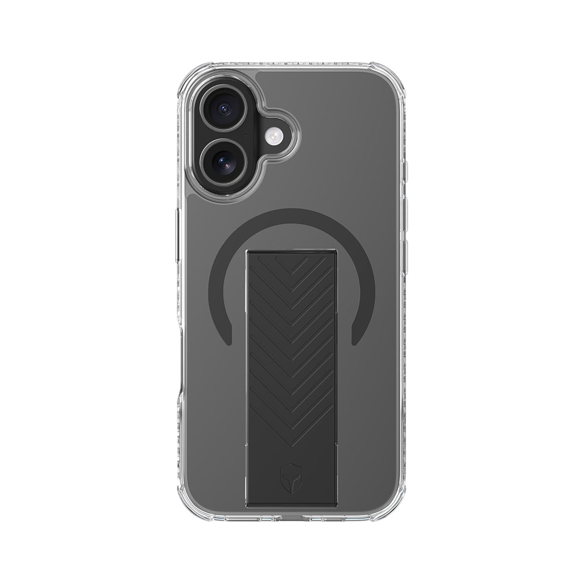 Custodia trasparente per telefono con supporto nero e design circolare. Obiettivi a doppia fotocamera visibili attraverso la custodia.