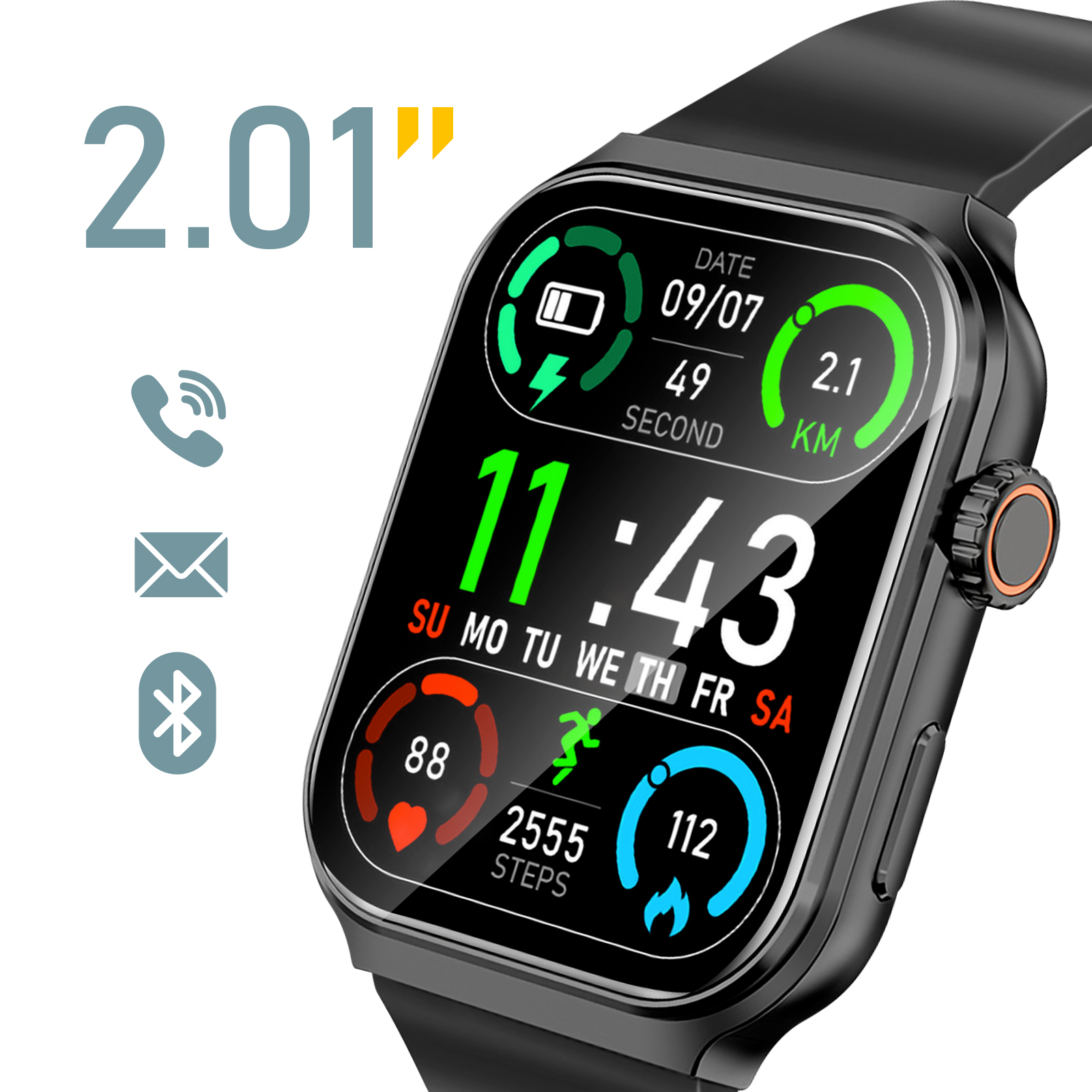 Uno smartwatch nero mostra ora, data, passi, frequenza cardiaca e icone Bluetooth. Cinturino nero. Lo schermo mostra le 11:43.