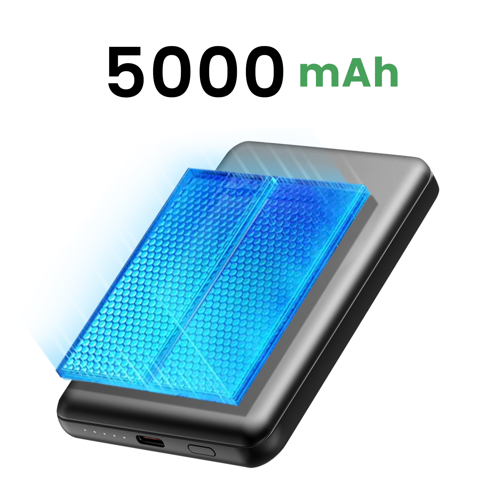 Une banque d'alimentation avec 5000 mAh. L'appareil est noir avec un motif bleu texturé sur le dessus.
