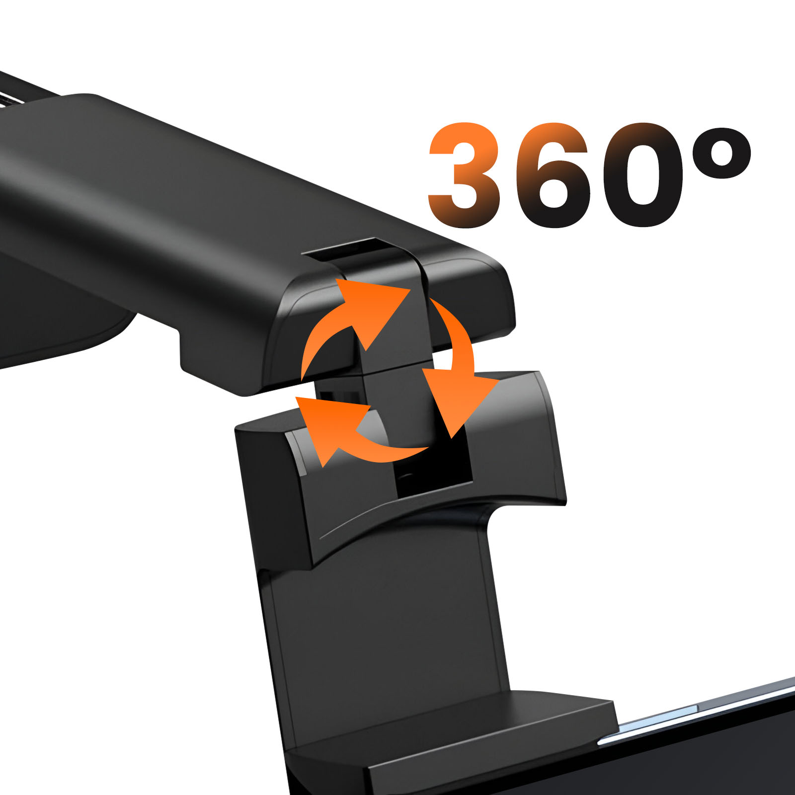 Un dispositivo nero con frecce arancioni che indicano una rotazione di 360 gradi. Il numero 360 è arancione e nero.