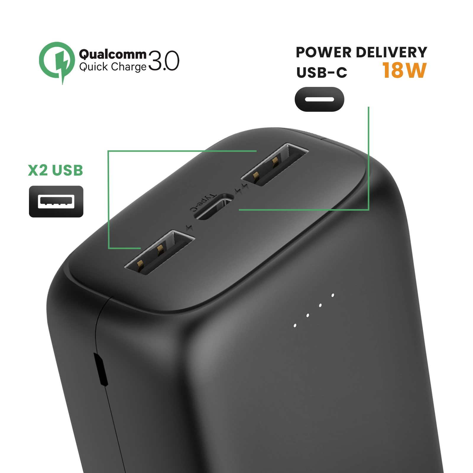 Schwarze Powerbank mit USB-Anschlüssen und Quick Charge 3.0. Verfügt über Power Delivery 18W.