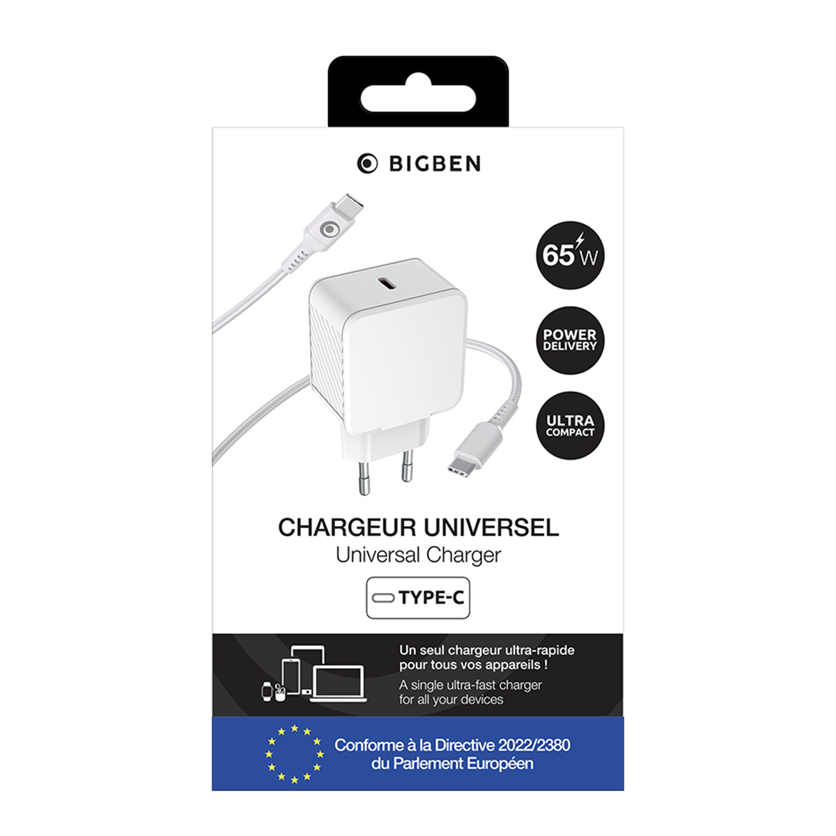 Eine weiße Bigben Universal-Ladegerät-Box. Sie hat 65W Stromversorgung und ist ultrakompakt. Text auf Französisch und Englisch.