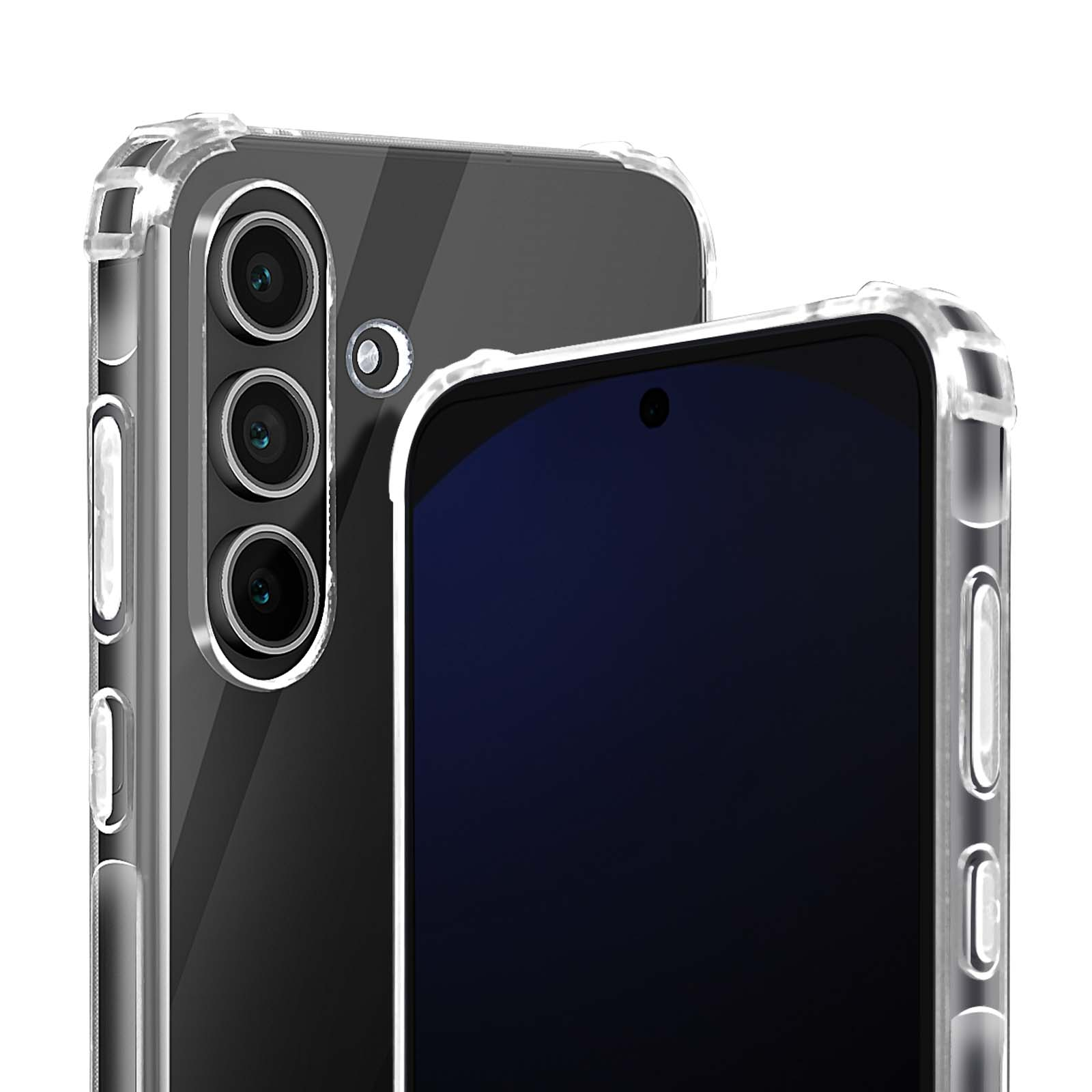 Due smartphone in custodie trasparenti. Uno ha tre fotocamere, l'altro mostra uno schermo scuro.