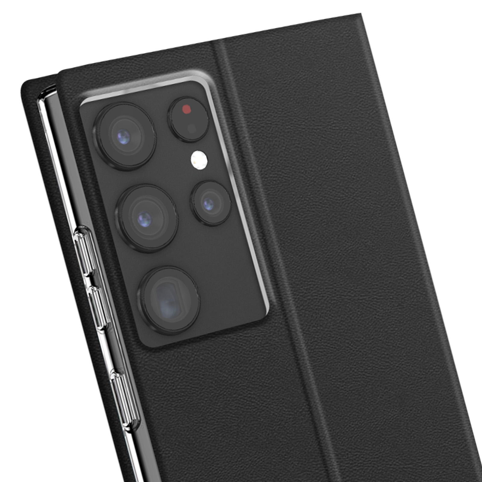 Custodia nera per telefono con lenti della fotocamera visibili. La custodia ha una superficie strutturata e copre il retro.