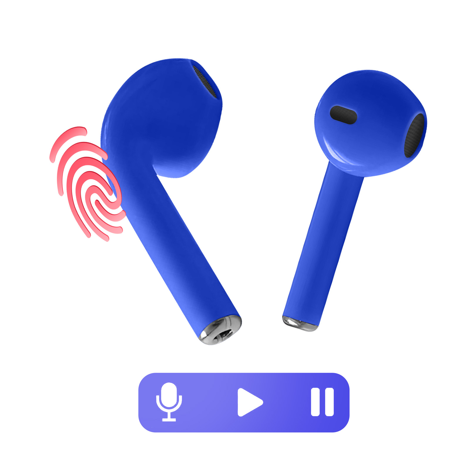 Zwei blaue kabellose Ohrhörer mit einem Fingerabdrucksymbol und einem Bedienfeld mit Mikrofon-, Wiedergabe- und Pausensymbolen.