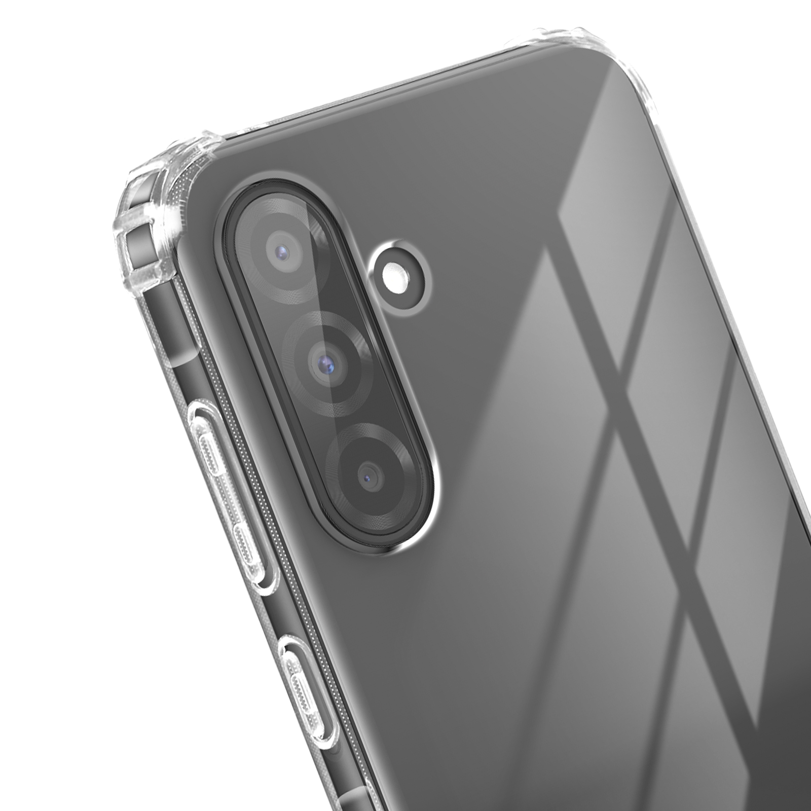 Gros plan sur une coque de téléphone transparente avec un module caméra. La coque a une bordure transparente et un dos gris.