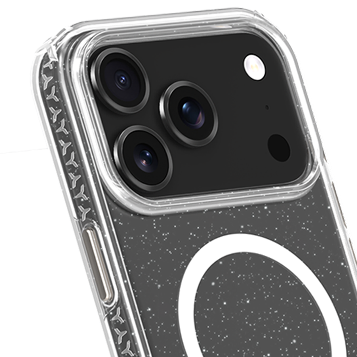 Nahaufnahme der Handykamera. Das Telefon befindet sich in einer durchsichtigen, glitzernden Hülle mit weißem Ring. Drei Linsen und ein Blitz sind sichtbar.