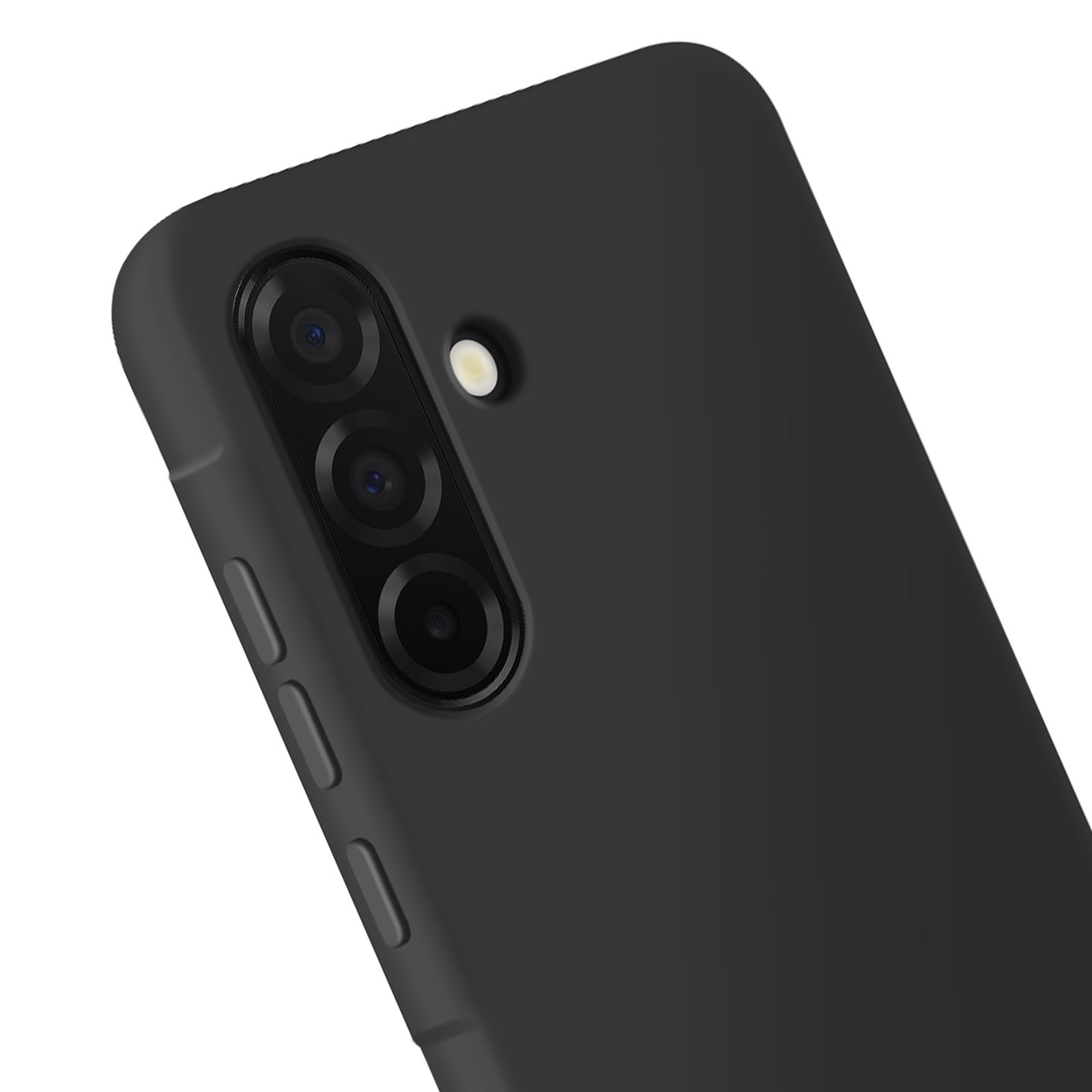 Primo piano di un telefono nero con tre fotocamere, un flash e pulsanti laterali. Lo sfondo è bianco.