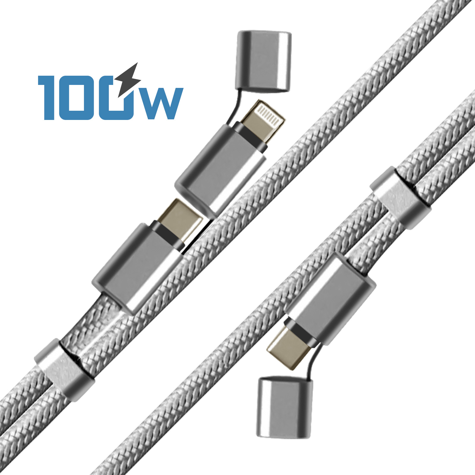 Câbles de charge tressés argentés avec connecteurs magnétiques. Texte bleu "100W" visible en haut à gauche.