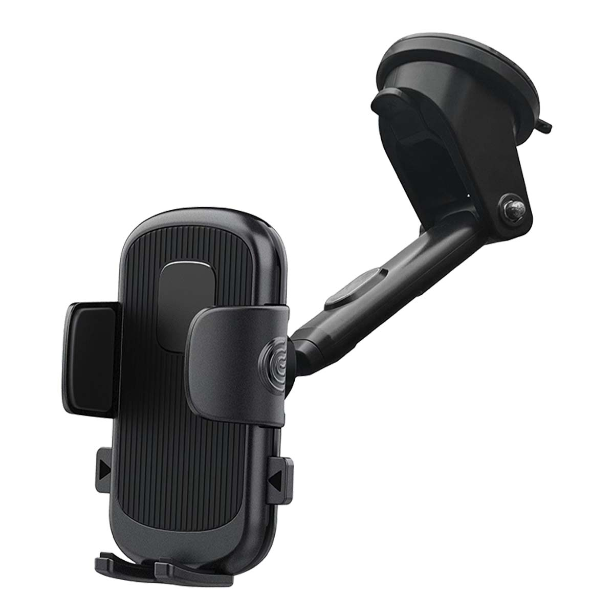 Un soporte negro para teléfono de coche. Tiene una ventosa para el parabrisas y brazos ajustables para sujetar el teléfono de forma segura.