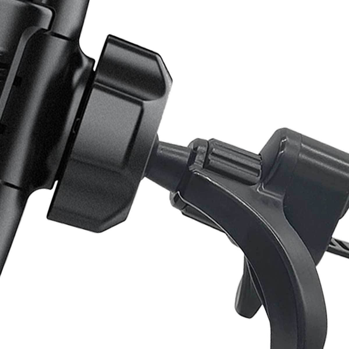 Primer plano de un soporte negro para teléfono de coche. Tiene una base redonda, una articulación y un soporte. El fondo es blanco.