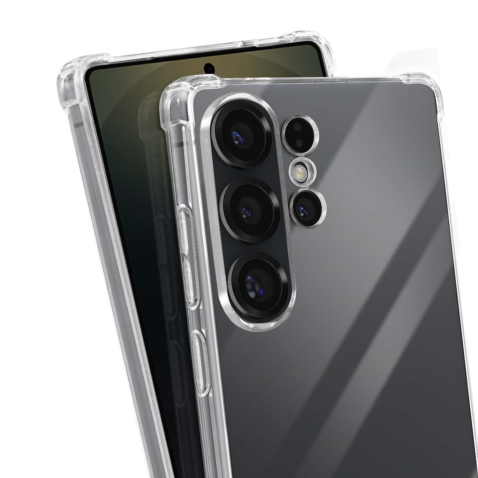 Due smartphone in custodie trasparenti. Il telefono a destra ha più fotocamere. Le custodie sono trasparenti e protettive.