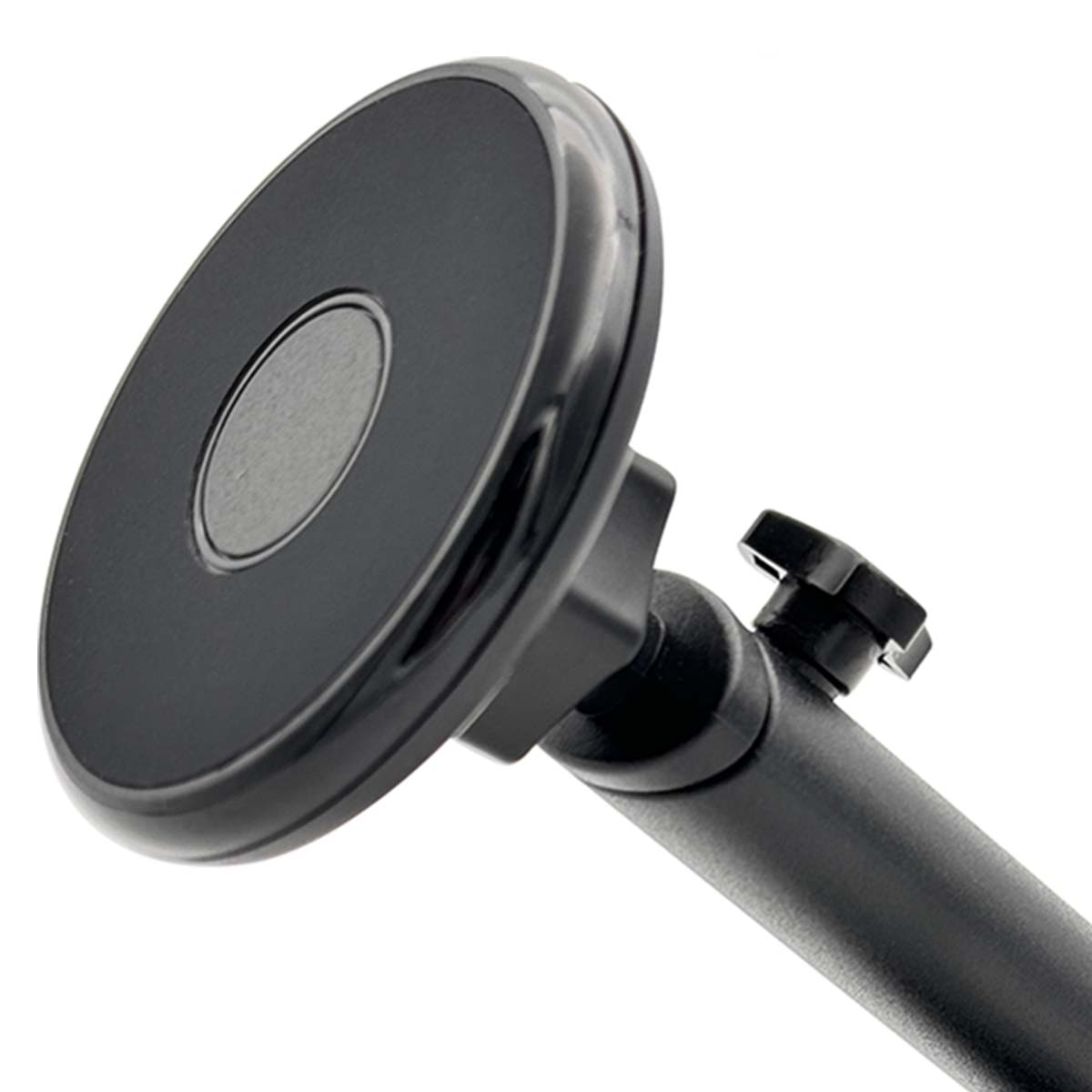 Primer plano de un soporte negro para teléfono de coche. Cuenta con una base magnética circular, un brazo de conexión y una perilla de ajuste.