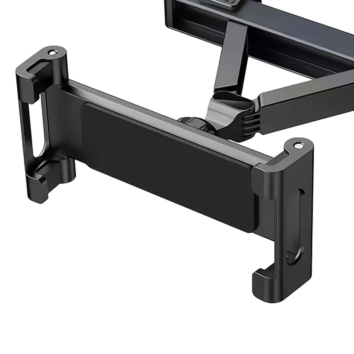 Primer plano de un soporte negro para tableta. Tiene brazos ajustables y un mecanismo de montaje. El fondo es blanco.