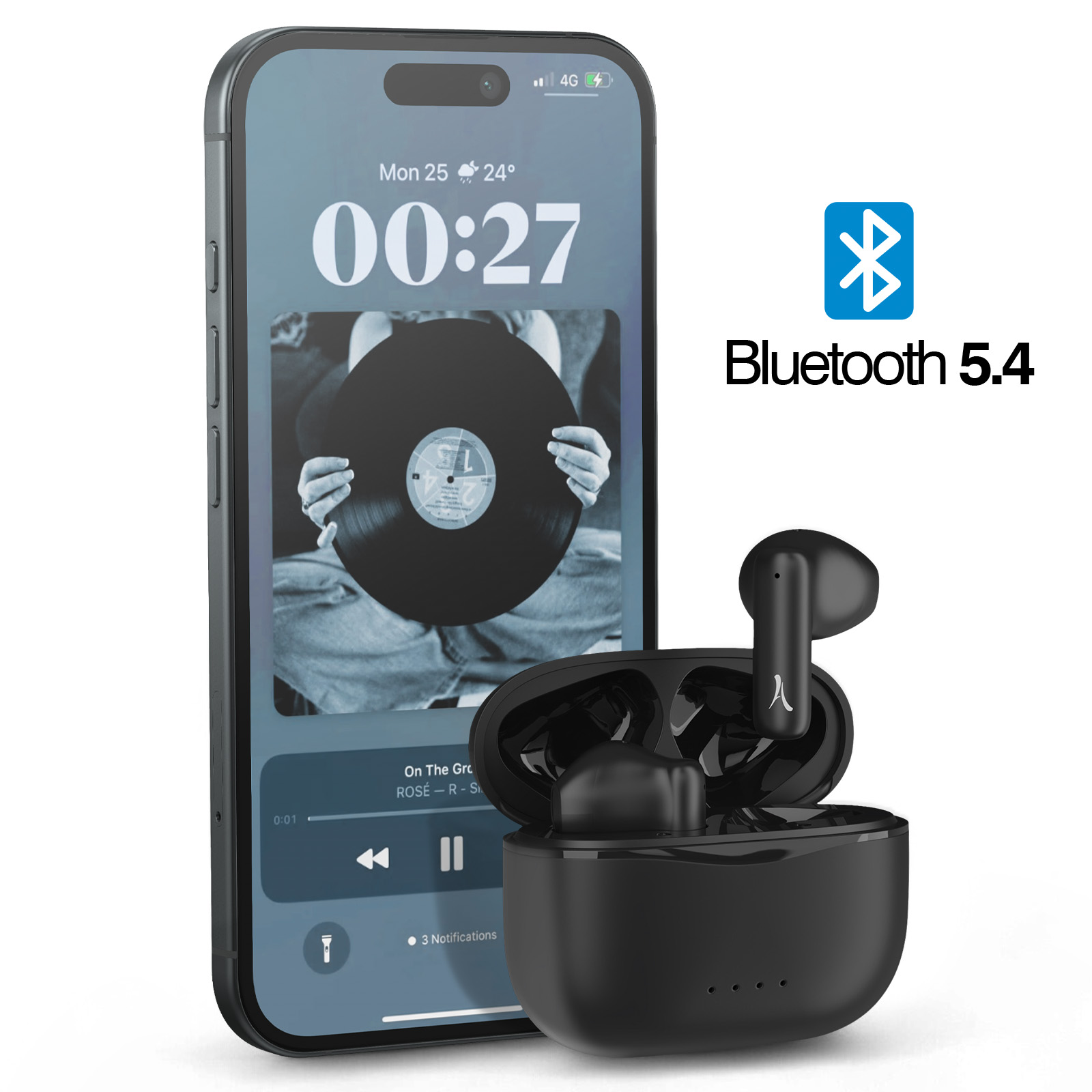 Des écouteurs noirs avec étui, un téléphone affichant un disque et un logo Bluetooth 5.4 sont dans l'image.