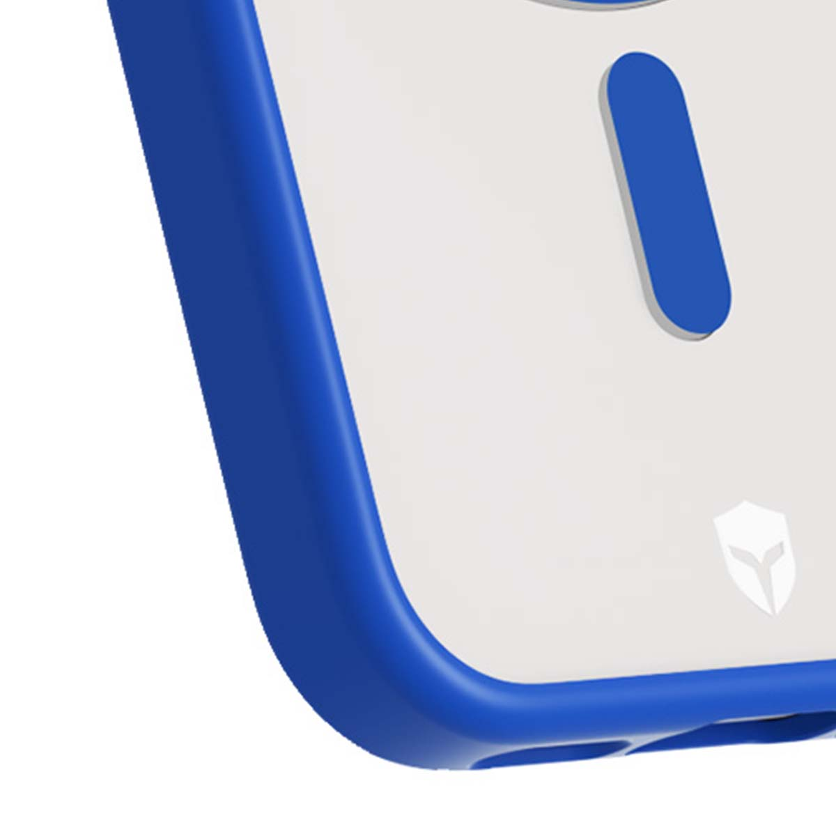 Primo piano di una custodia per telefono. La custodia ha un bordo blu e un retro trasparente. È visibile un elemento blu a forma di pillola.