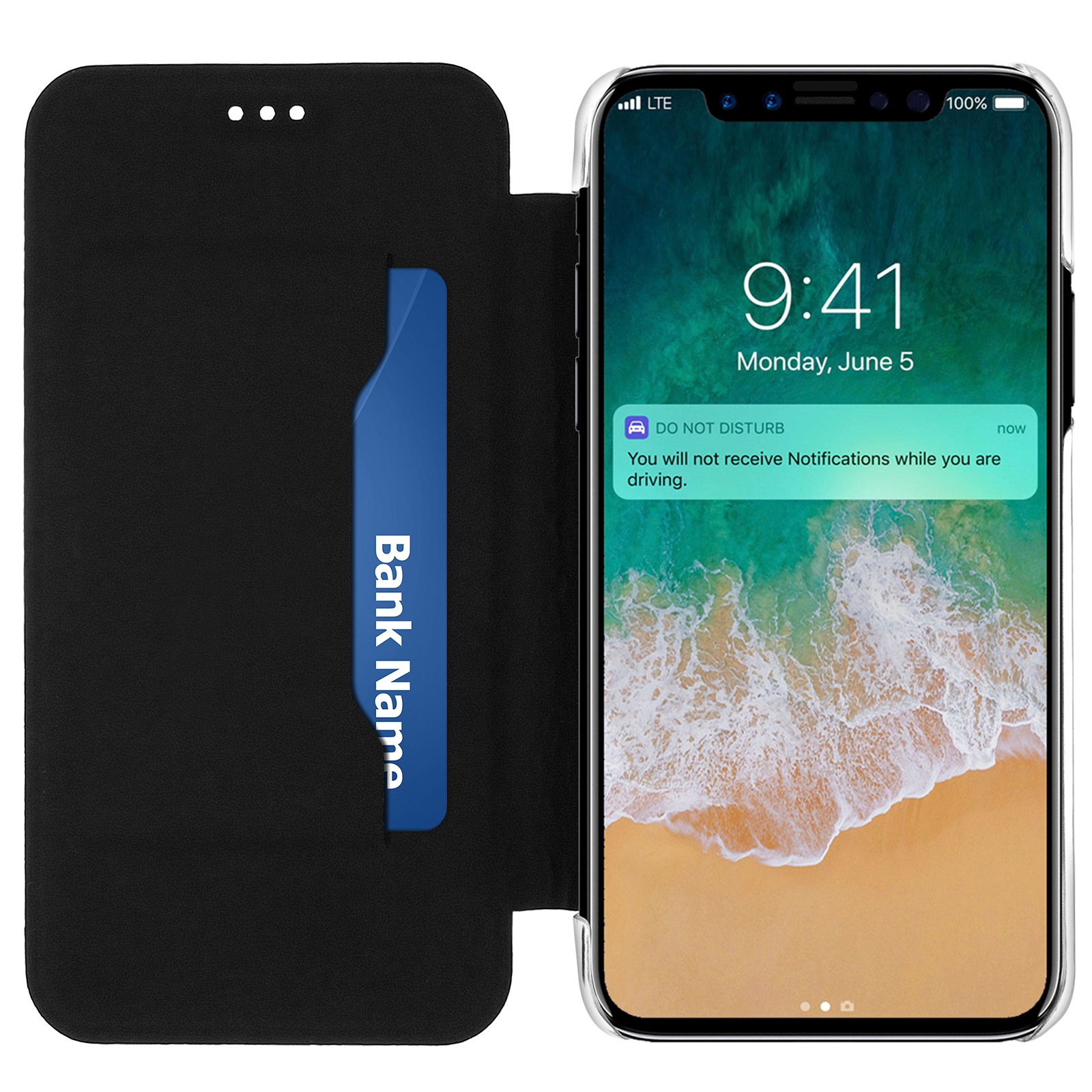Telefono in custodia nera, con sfondo spiaggia e notifica 'non disturbare'.