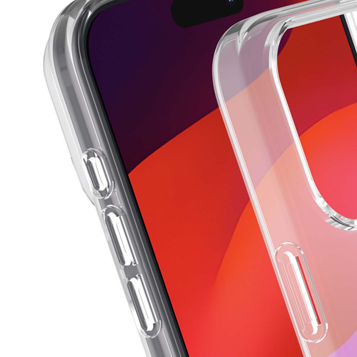 Una custodia trasparente per telefono copre parzialmente un telefono con schermo rosso e viola. La custodia ha coperture per i pulsanti. Lo sfondo è bianco.