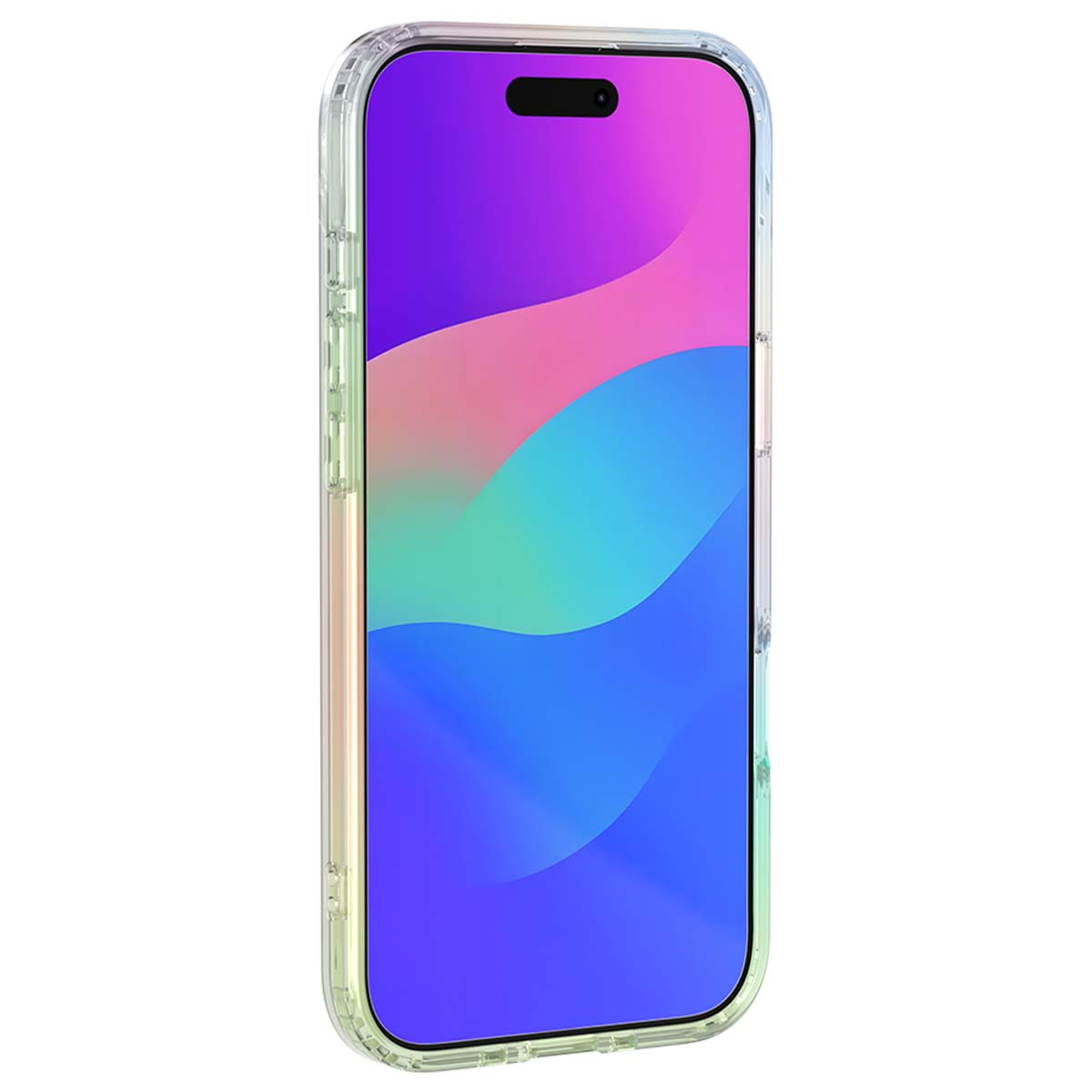 Uno smartphone in una custodia trasparente. Lo schermo mostra una sfumatura colorata di viola, rosa e blu. La custodia ha un bordo lucido.