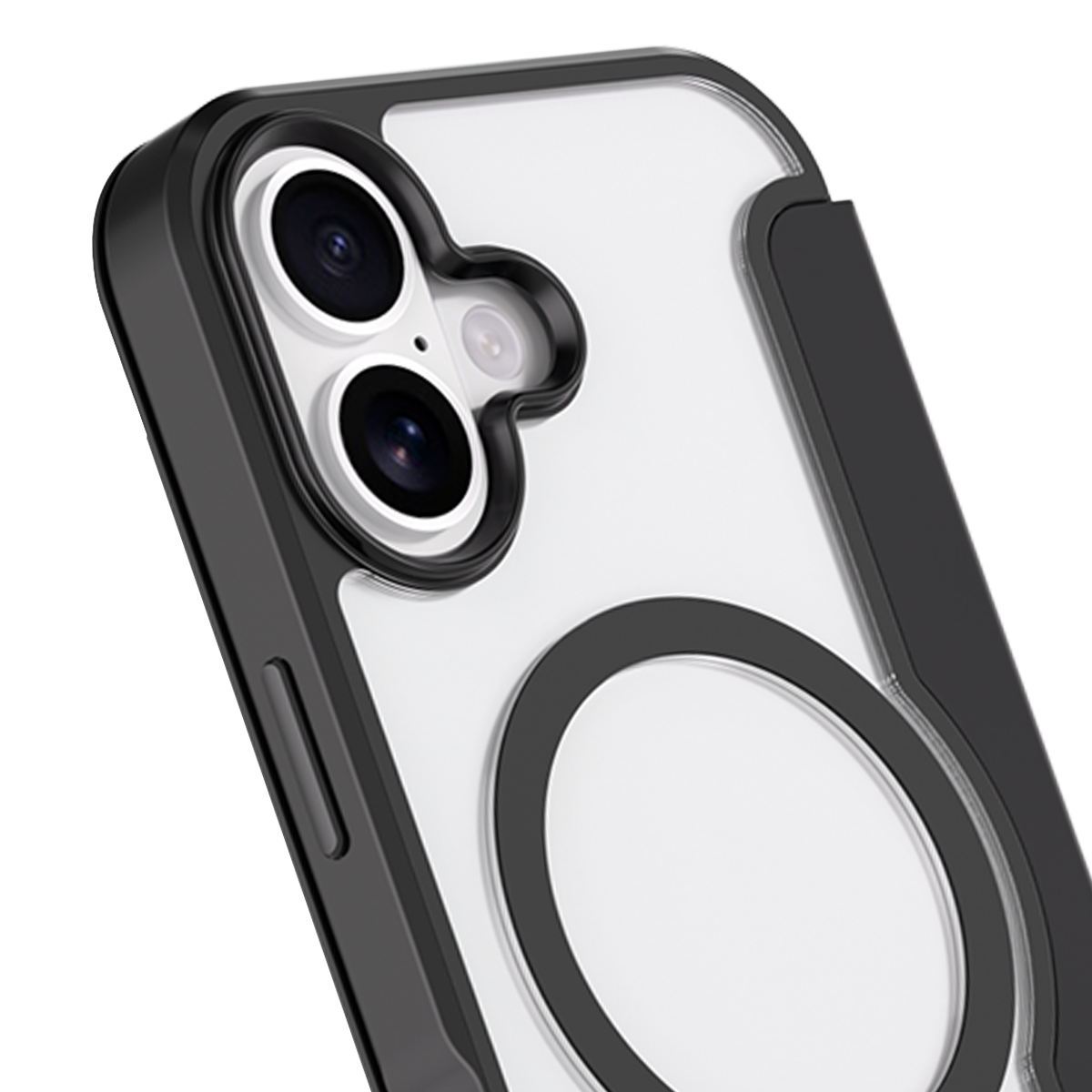 Primo piano di una custodia per telefono. La custodia è trasparente con bordi neri e un cerchio nero. Le lenti della fotocamera sono visibili.