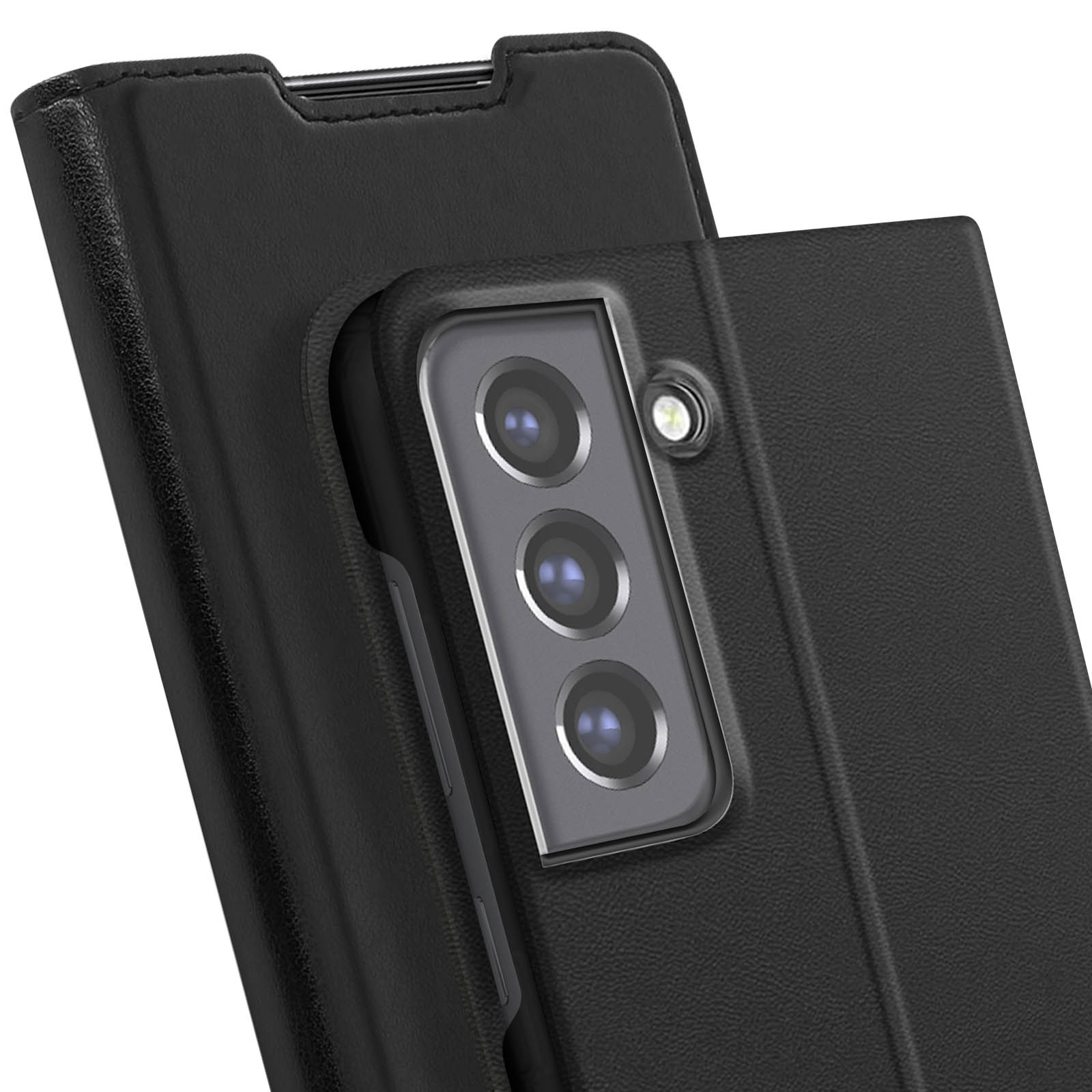 Custodia nera per telefono con telefono. Le lenti della fotocamera sono visibili. La custodia è aperta.