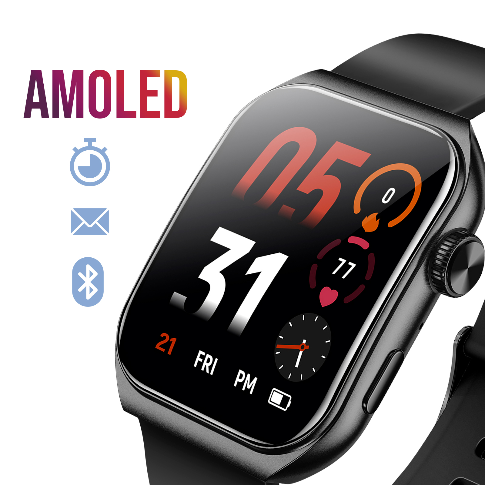 Une smartwatch noire affiche l'heure, la date et les mesures de santé. Le texte AMOLED apparaît au-dessus des icônes de minuterie, de courrier et Bluetooth.