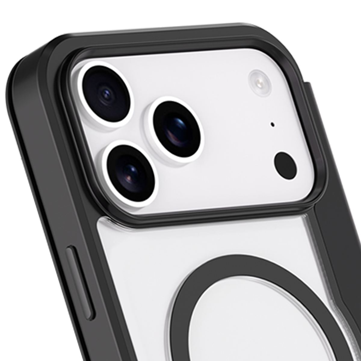 Primo piano di uno smartphone con tre lenti della fotocamera. Il telefono è in una custodia nera con retro trasparente.