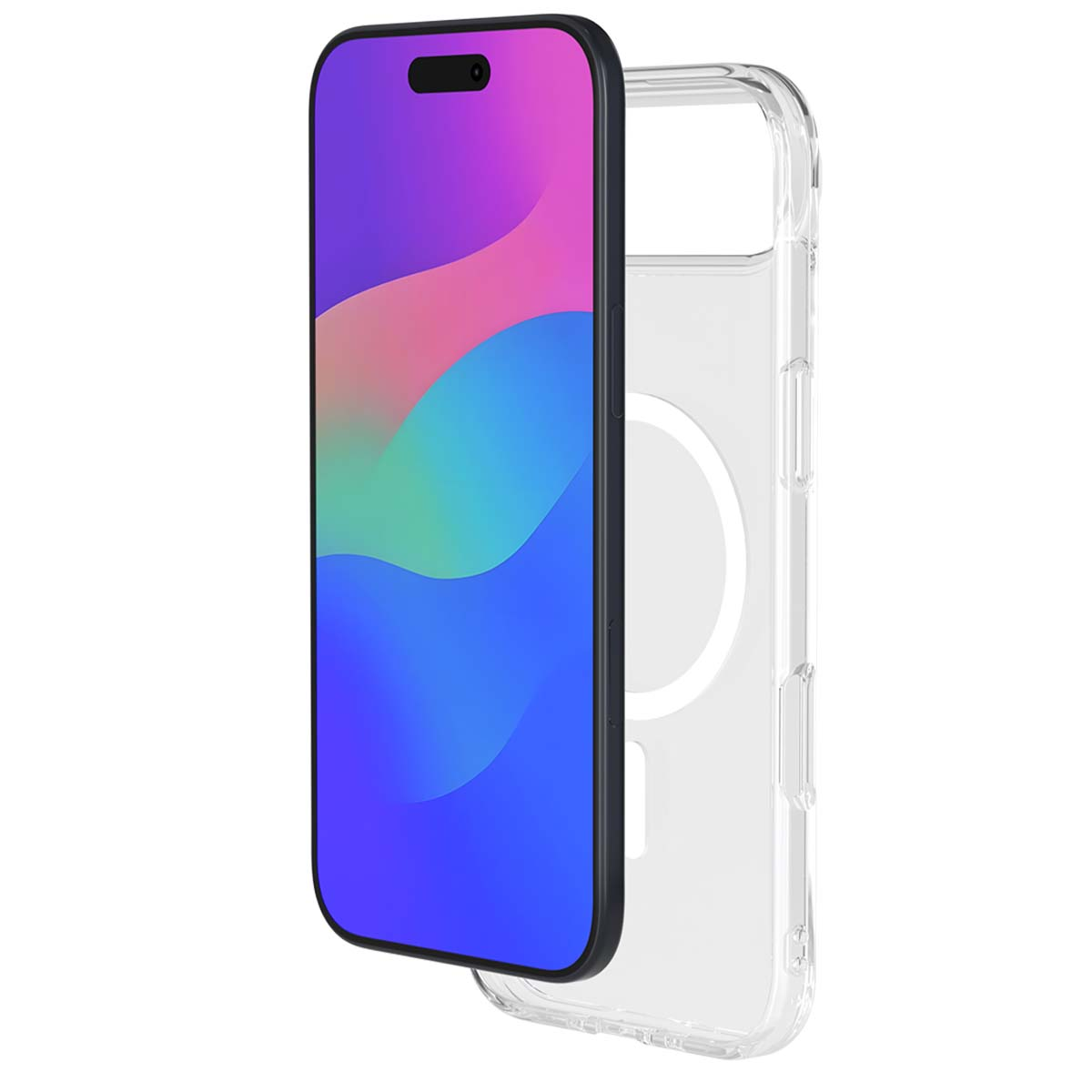 Uno smartphone con schermo colorato accanto a una custodia trasparente.