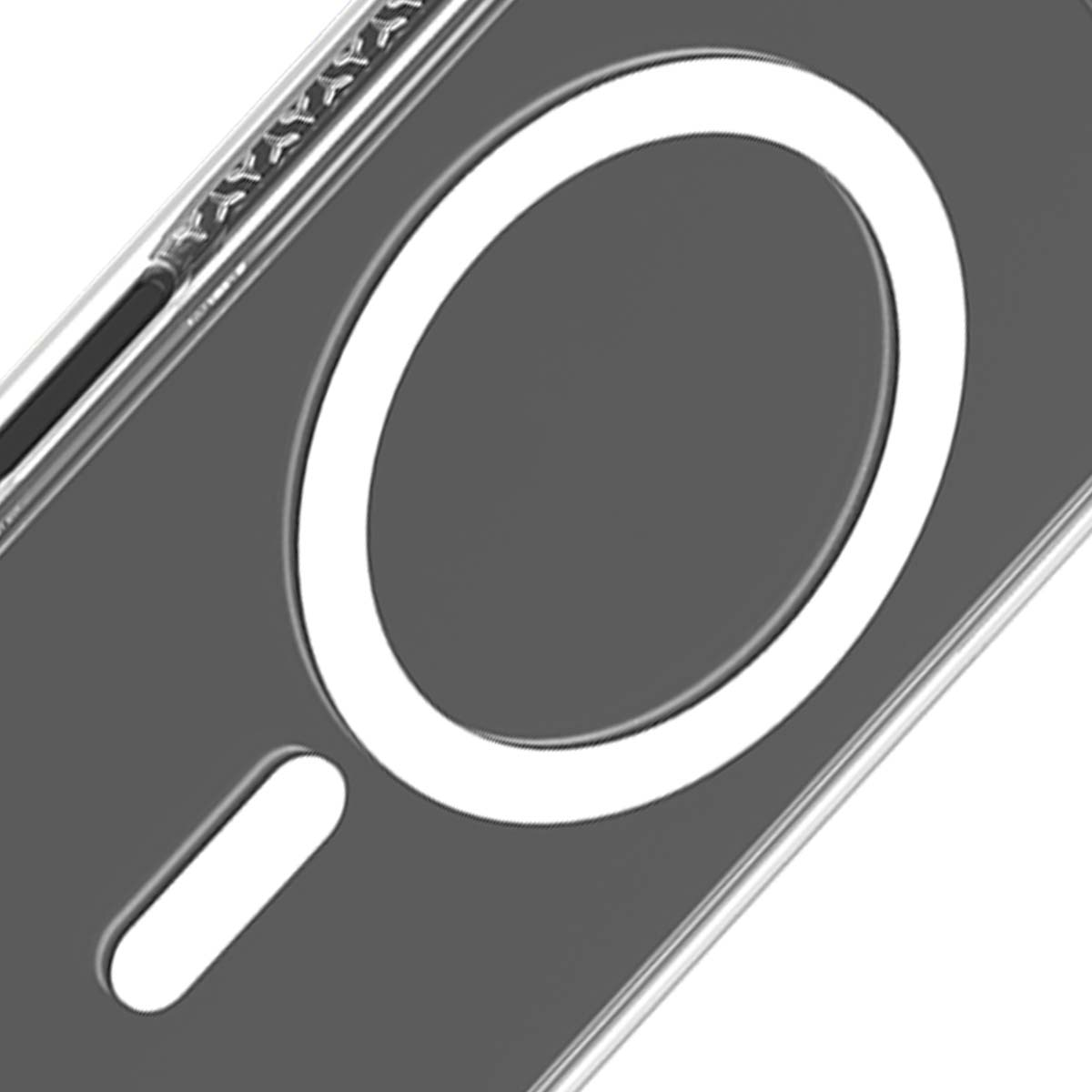 Primo piano di una custodia trasparente per telefono con un design circolare bianco e una forma rettangolare bianca lunga.