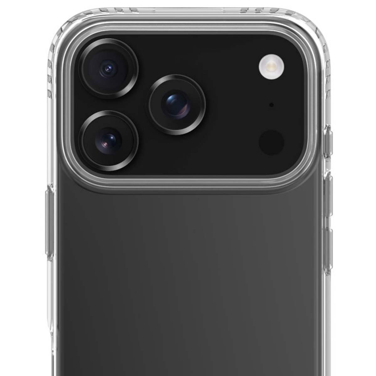 Primo piano del modulo fotocamera di uno smartphone. Sono visibili tre lenti e un flash. Il telefono è in una custodia trasparente.