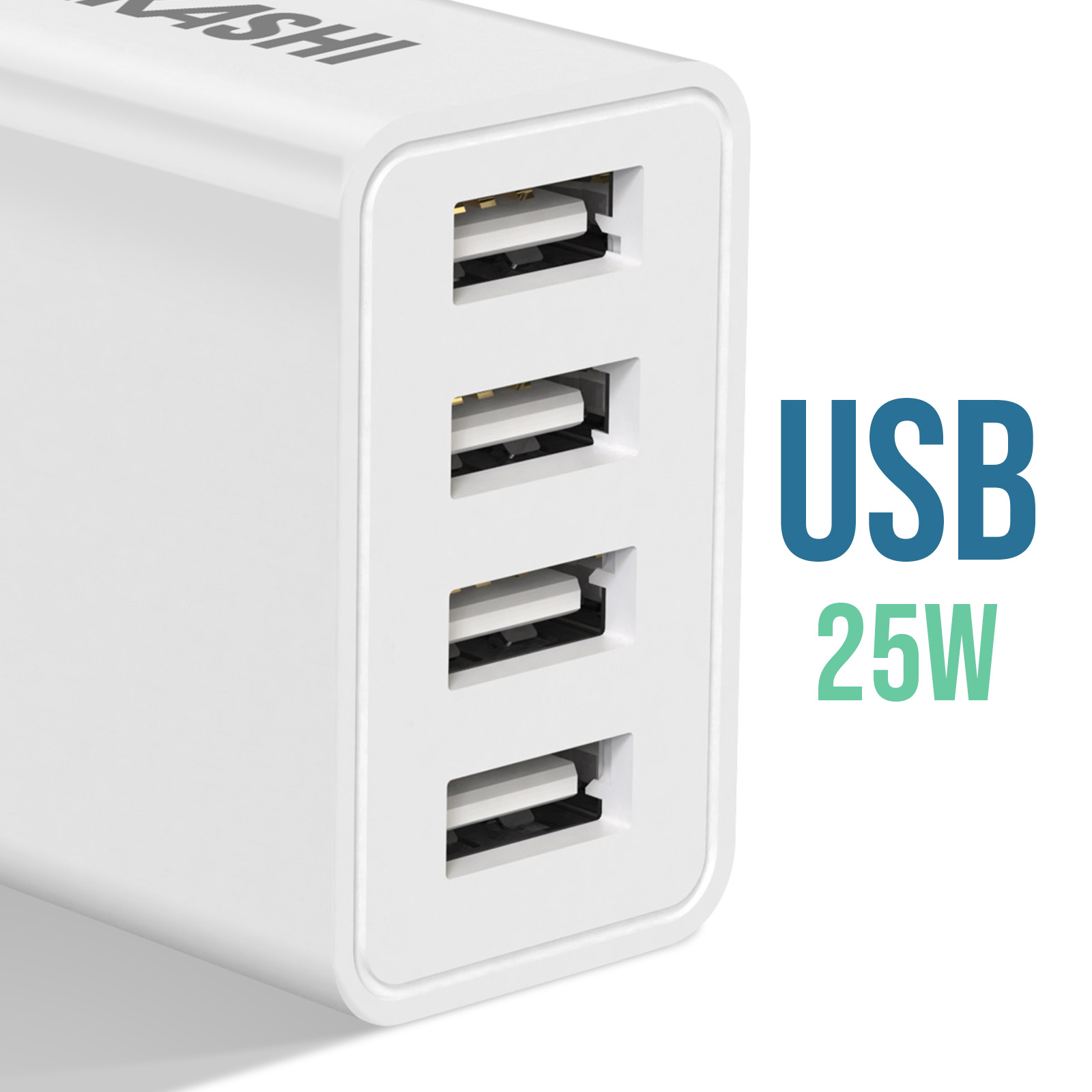 Caricabatterie USB bianco con quattro porte. Il testo 'USB 25W' è a destra. Il caricabatterie è su sfondo bianco.