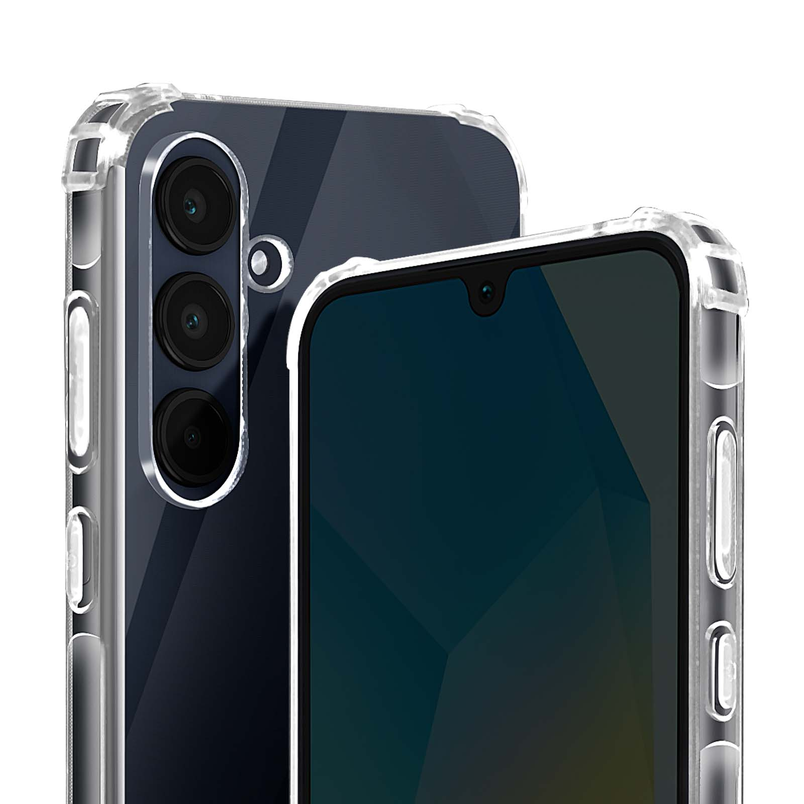 Due smartphone in custodie protettive trasparenti. Uno mostra lo schermo, l'altro le lenti.