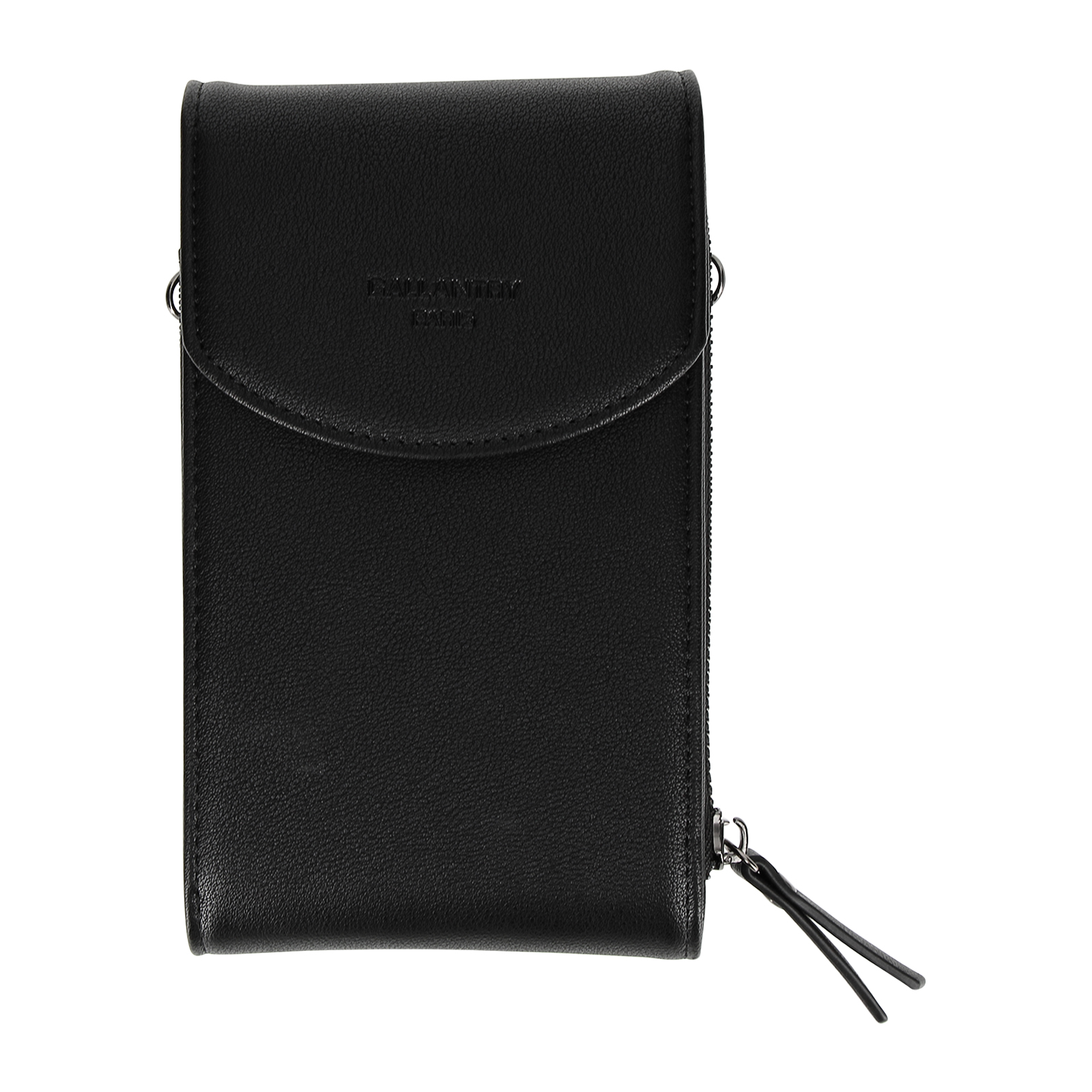 Un bolso bandolera de cuero negro con solapa, cremallera y borla colgante, sobre un fondo blanco.