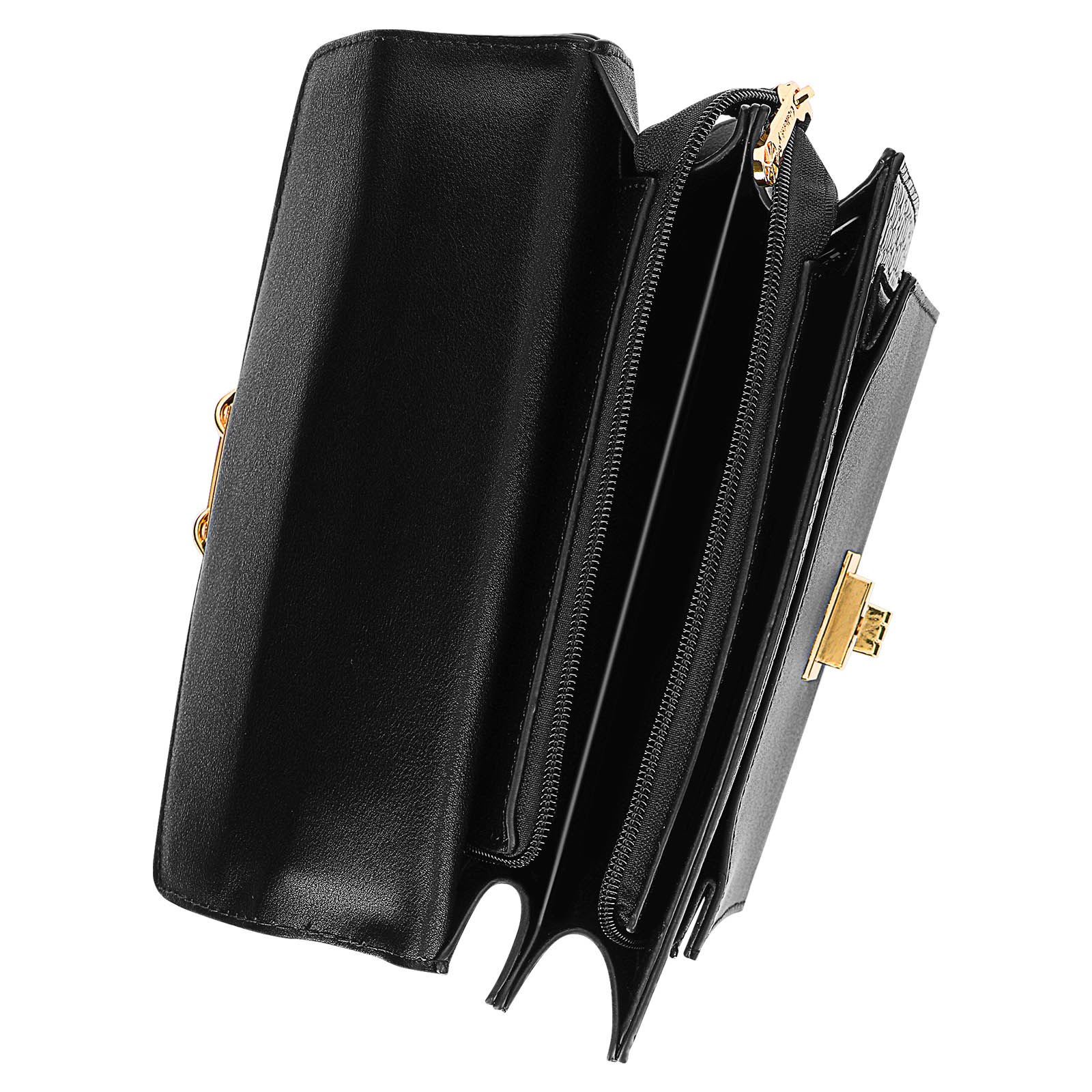 Un bolso de cuero negro está abierto, revelando múltiples compartimentos. Los detalles dorados acentúan el diseño.