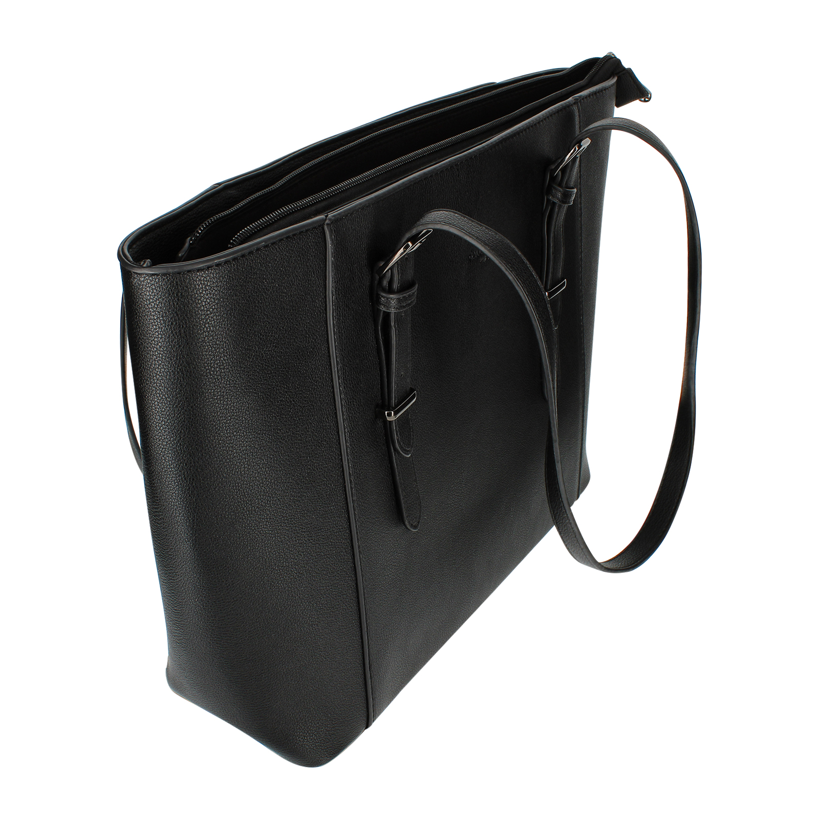 Bolso tote de cuero negro con asas. El bolso está abierto, mostrando el interior. Fondo blanco.