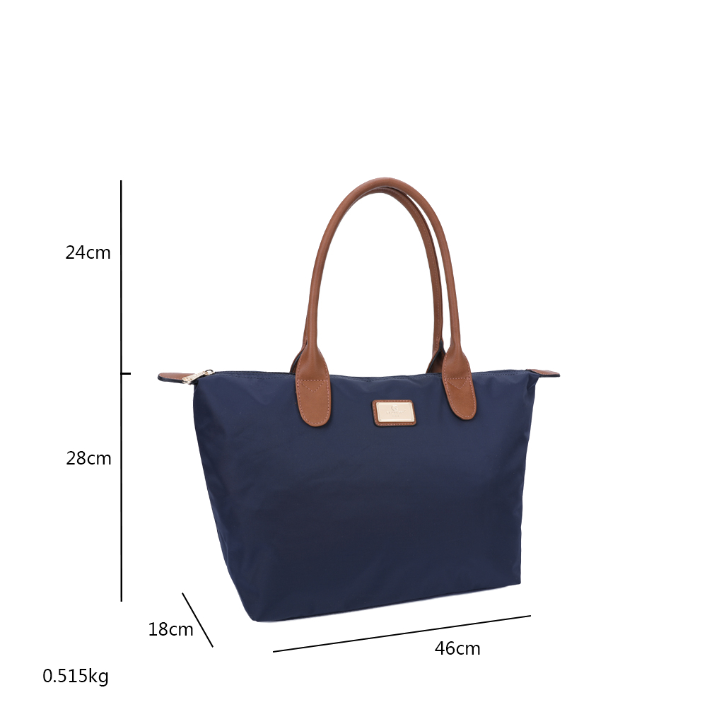Bolso tote azul marino con asas marrones. Dimensiones: 46cm ancho, 28cm alto, 18cm fondo y 24cm asa. Peso 0.515kg.