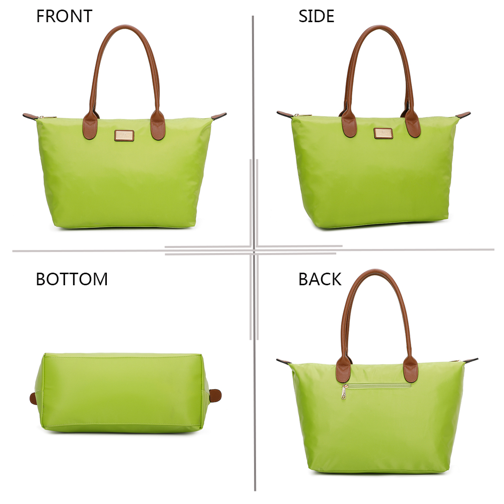 Un bolso tote verde lima con asas y ribetes marrones se muestra desde vistas frontal, lateral, inferior y trasera.