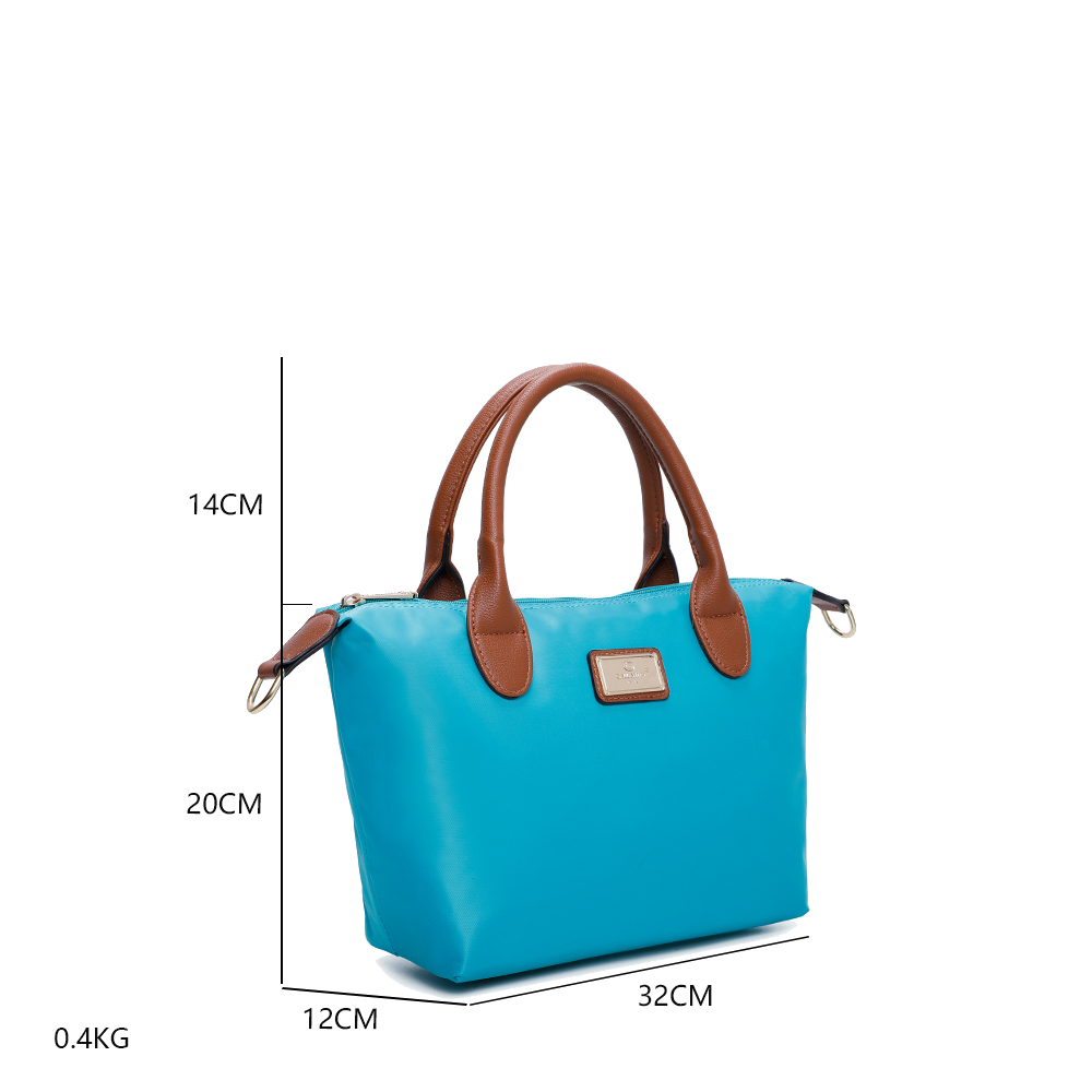 Un bolso turquesa con asas marrones. Dimensiones: 14 cm alto, 32 cm ancho, 20 cm largo. Peso 0,4 kg.