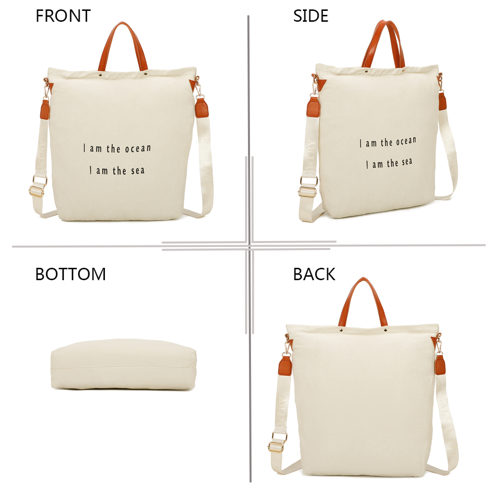 Bolso tote crema con asas y correas marrones. Texto en la parte delantera: 'Soy el océano, soy el mar'. Cuatro vistas: frontal, lateral, inferior, trasera.