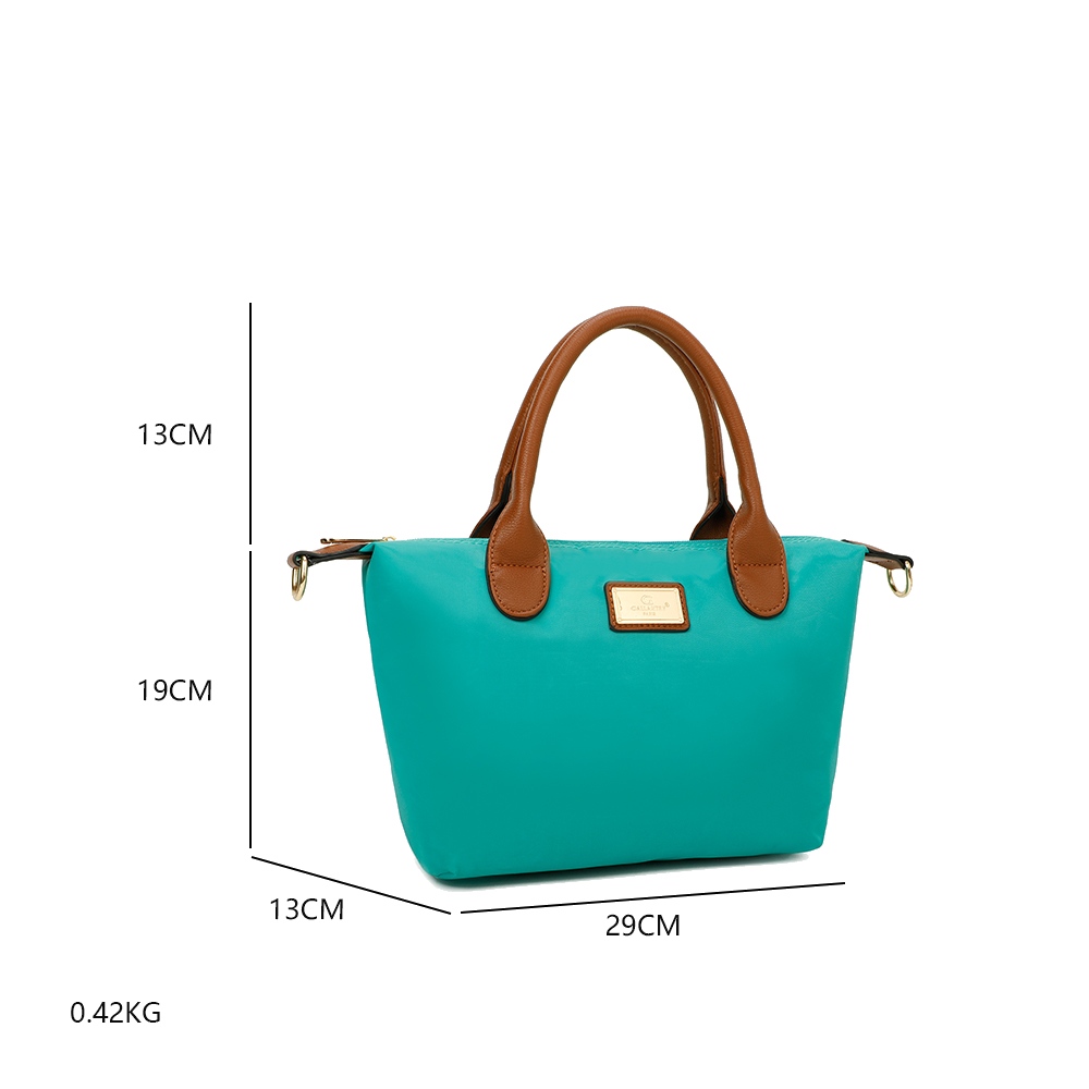 Eine türkisgrüne Handtasche mit braunen Henkeln. Die Maße sind beschriftet: 13 cm, 19 cm, 13 cm und 29 cm. Das Gewicht beträgt 0,42 kg.