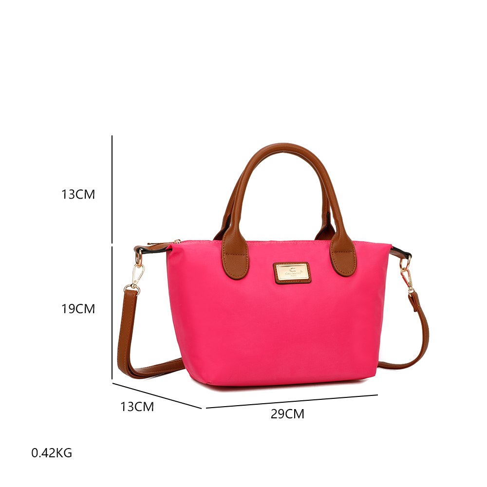 Eine pinkfarbene Handtasche mit braunen Henkeln und Schulterriemen. Maße sind angegeben: 13 cm, 19 cm, 13 cm und 29 cm. Das Gewicht beträgt 0,42 kg.