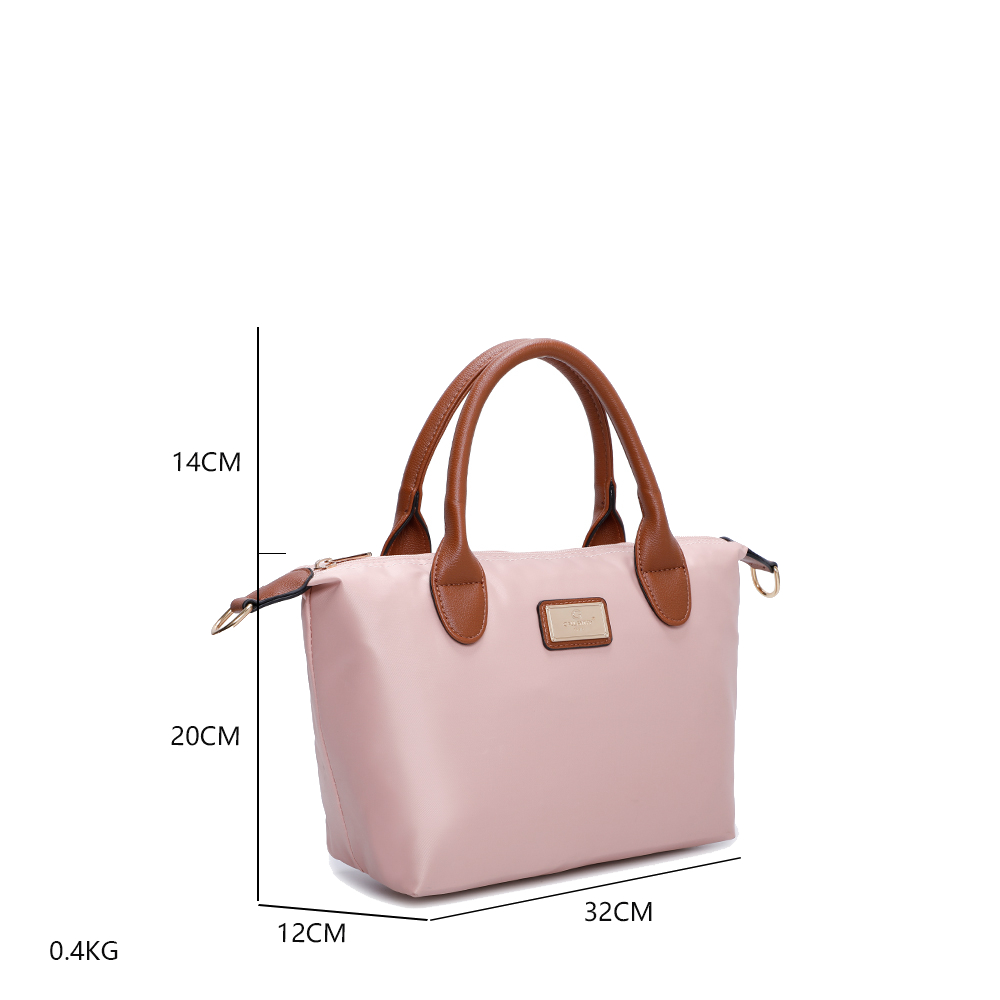 Eine rosa Handtasche mit braunen Henkeln und einem goldenen Etikett. Maße: 32x20x12 cm, Gewicht: 0,4 kg.