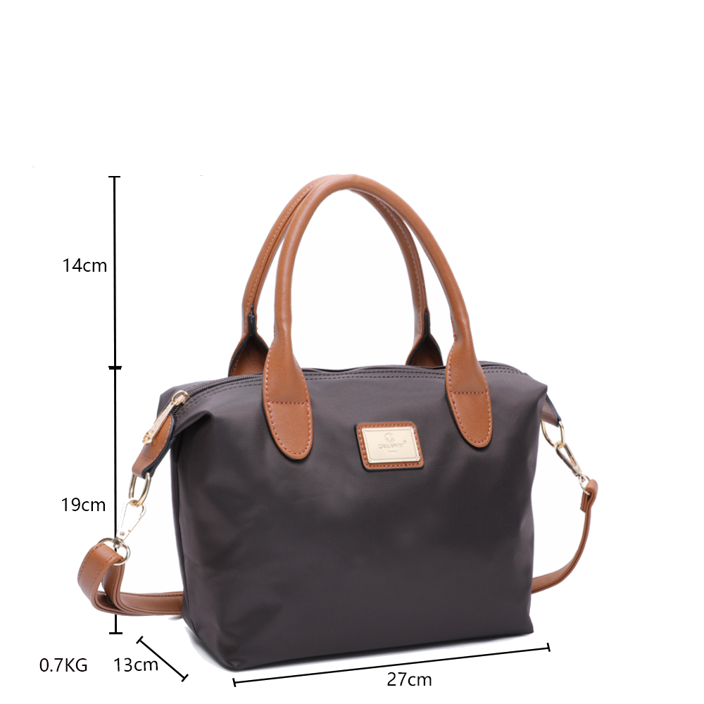 Dunkelgraue Handtasche mit braunen Henkeln und Schulterriemen. Maße: 27cm, 13cm, 19cm und 14cm. Gewicht: 0,7 kg.