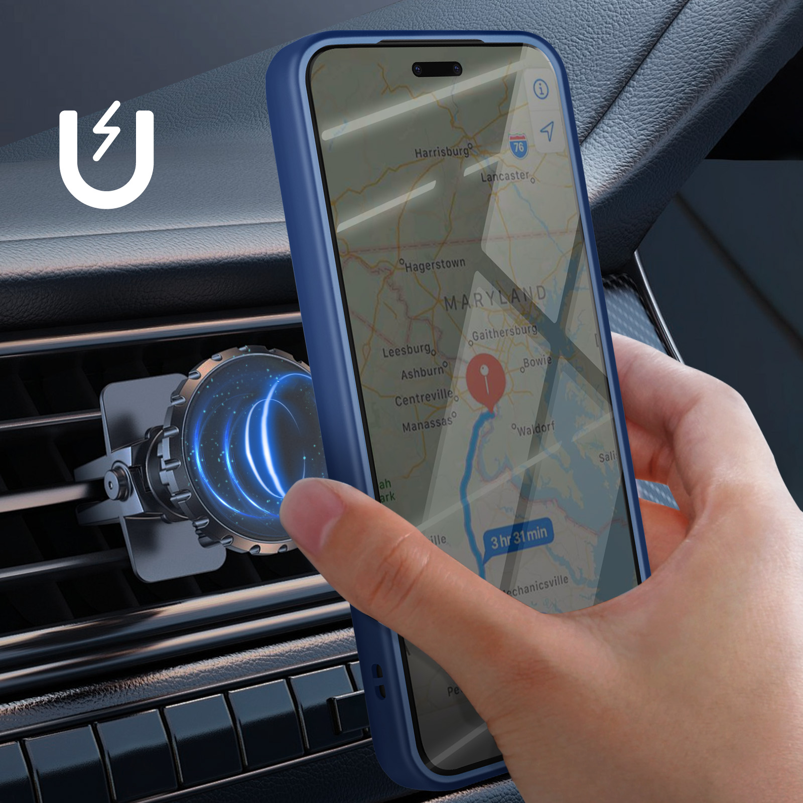 Un telefono con custodia blu mostra una mappa. È montato su una presa d'aria dell'auto con un supporto magnetico, tenuto da una mano.