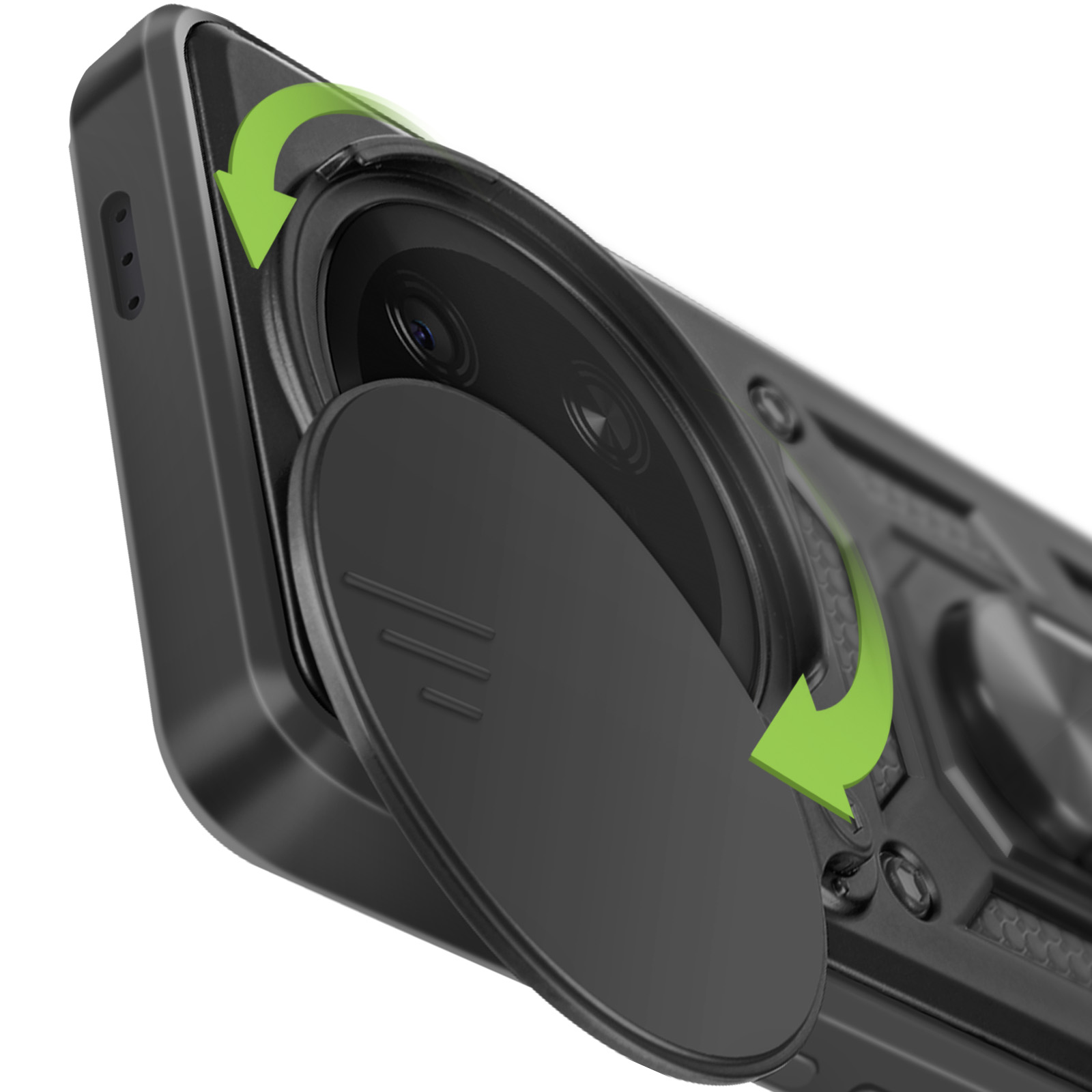 Primo piano di una custodia per telefono con copertura per fotocamera. La copertura è aperta, rivelando l'obiettivo della fotocamera. Frecce verdi indicano il movimento.