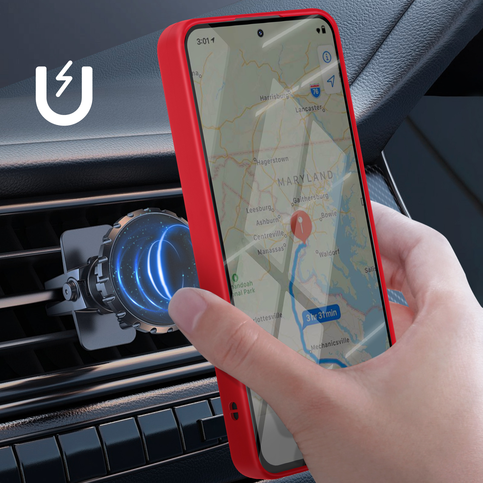 Mano che tiene un telefono rosso con mappa, montato su una presa d'aria dell'auto. Un logo magnetico è a sinistra.