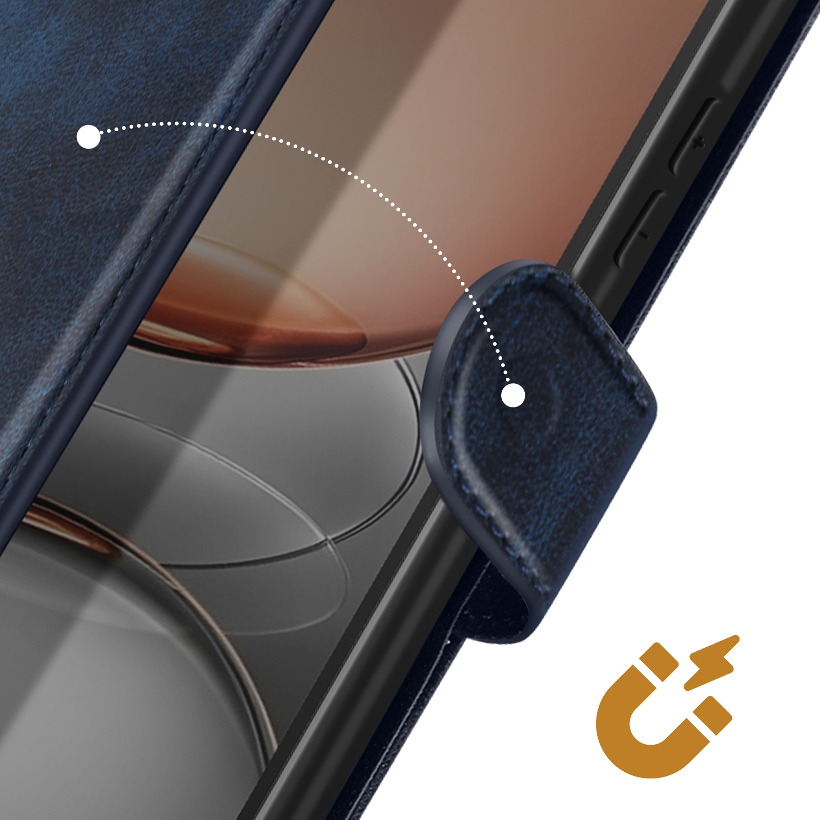 Primo piano di una custodia blu per telefono con chiusura magnetica. Lo schermo del telefono è visibile. Un simbolo magnetico è nell'angolo.