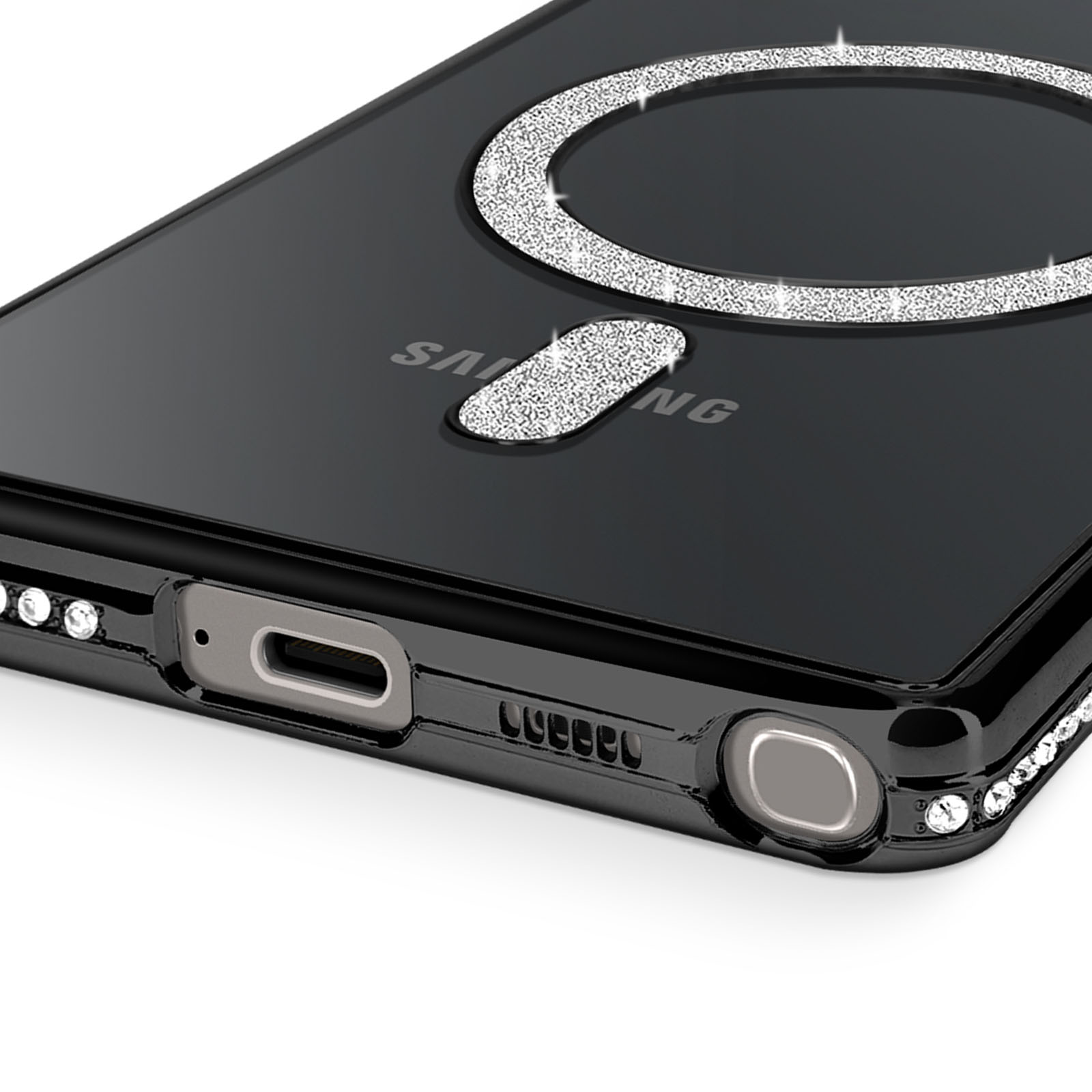 Custodia nera per telefono con anello e dettagli glitterati argento. Logo Samsung visibile. Strass bordano il bordo.