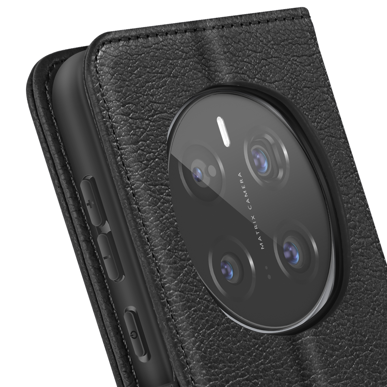 Primo piano di una custodia per telefono nera con modulo fotocamera. La custodia ha un aspetto in pelle strutturata.